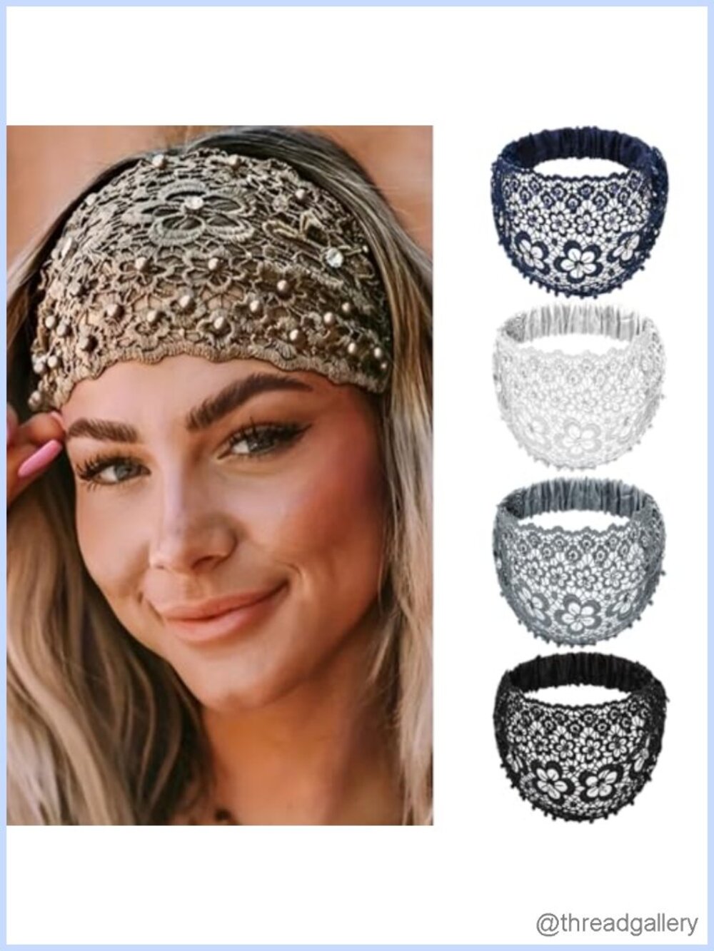 Elastic Lace Headbands Wide Floral Pearl Lace Head Wrap Boho Hairband Hair
